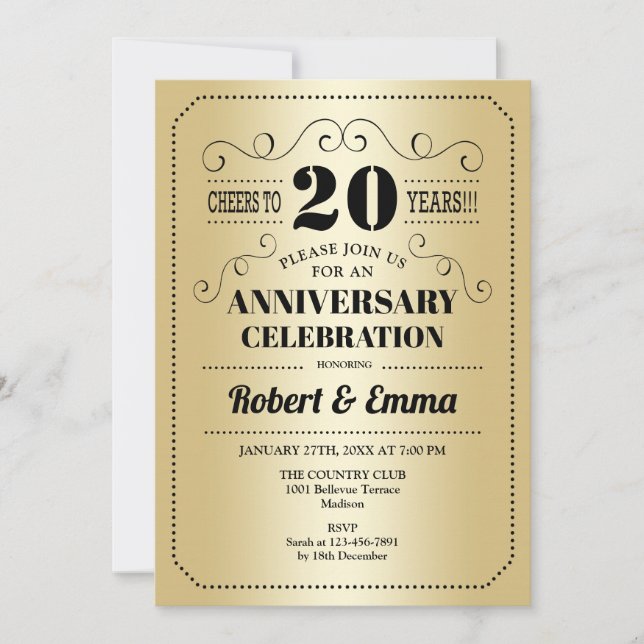 20th Wedding Anniversary Party - Gold Black Invitation (Front)