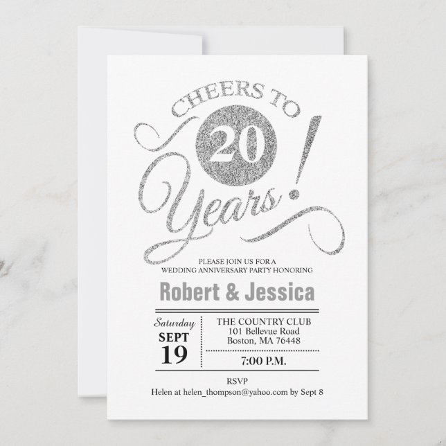 20th Wedding Anniversary Party - Silver White Invitation (Front)