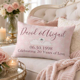 20th Wedding Anniversary Pink and White Damask Lumbar Cushion