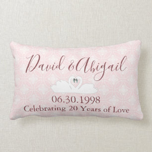 20th Wedding Anniversary Pink and White Damask Lumbar Cushion