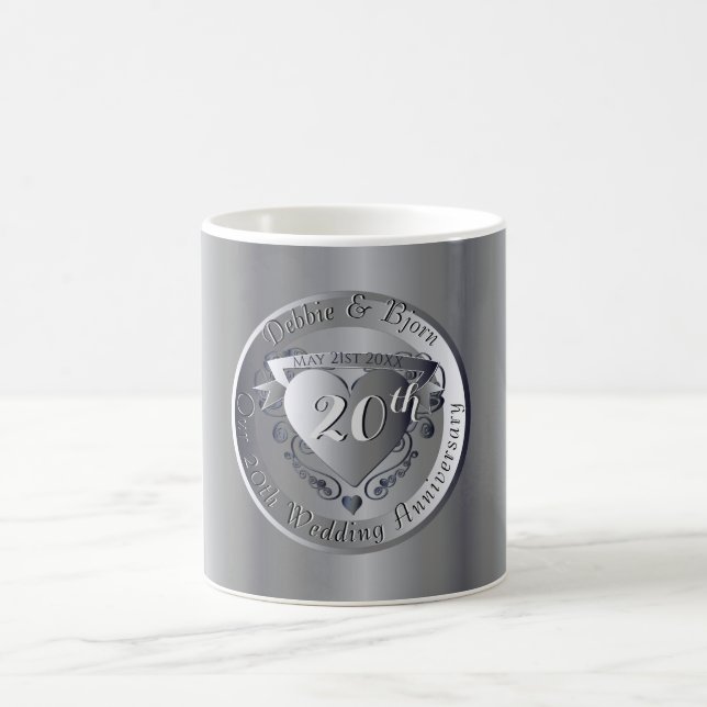20th Wedding Anniversary Platinum Heart Medallion Coffee Mug (Center)