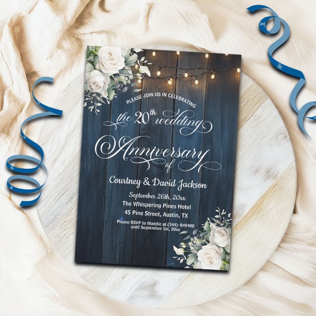 20th Wedding Anniversary Rustic Blue String Lights Invitation (Creator Uploaded)