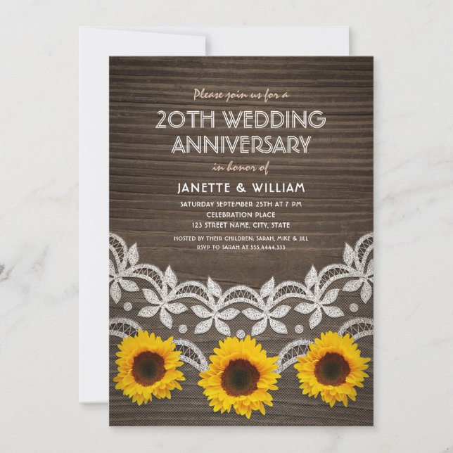 20th Wedding Anniversary Rustic Sunflowers Lace Invitation (Front)