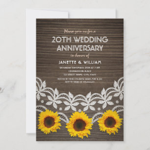 20th Wedding Anniversary Rustic Sunflowers Lace Invitation