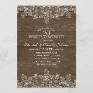 20th Wedding Anniversary Rustic Wood Country Lace Invitation
