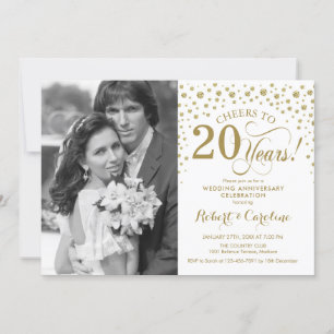 20th Wedding Anniversary with Photo - Gold White Invitation