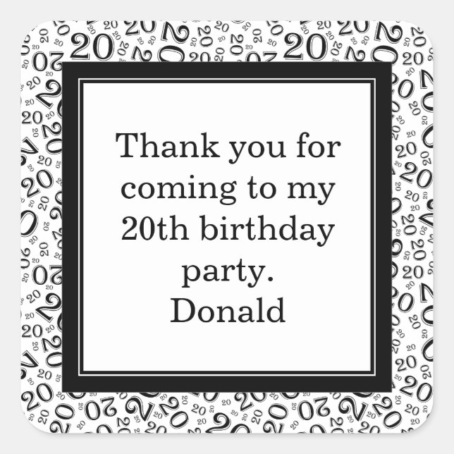 20th Your Age Random Number Pattern Black/White Square Sticker (Front)