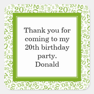 20th Your Age Random Number Pattern Green/White Square Sticker