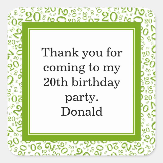 20th Your Age Random Number Pattern Green/White Square Sticker (Front)