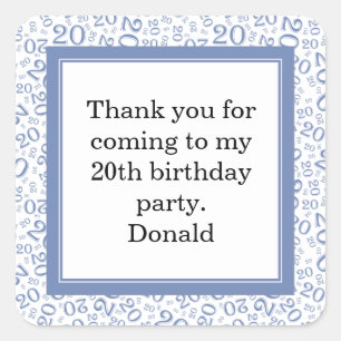 20th Your Photo Random Number Pattern Blue/White Square Sticker