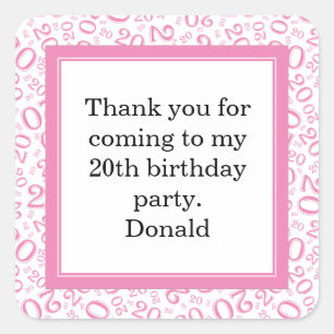 20th Your Photo Random Number Pattern Pink/White Square Sticker