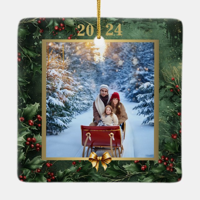 "20XX Christmas Photo Memories: Foliage and Gold Ceramic Ornament (Back)