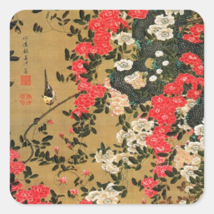 21. 薔薇小禽図, 若冲 Roses & Small Bird, Jakuchū Square Sticker