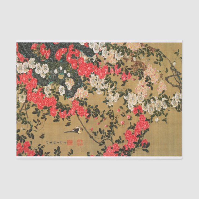 21. 薔薇小禽図, 若冲 Roses & Small Bird, Jakuchū Tissue Paper (Front)