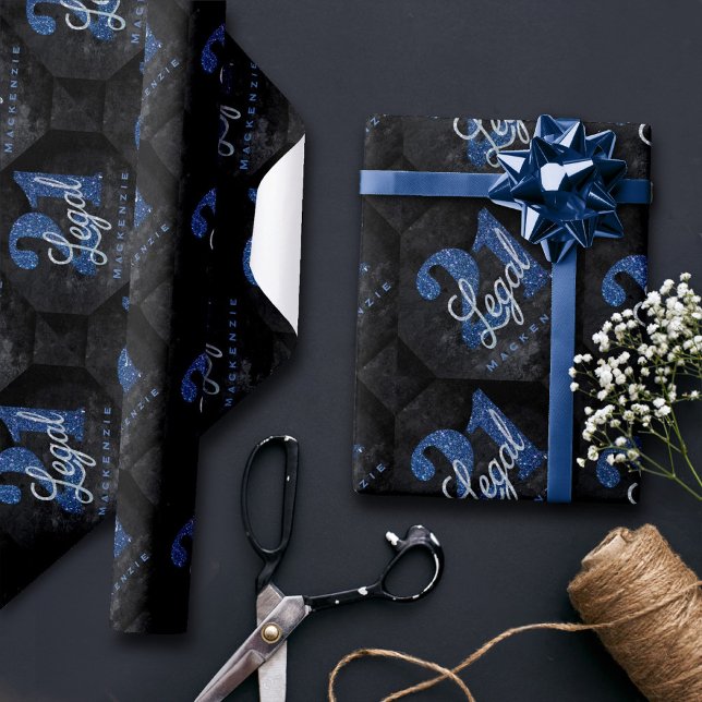 21 and Legal | Blue 21st Birthday Chic Glitter Wrapping Paper (Creator Uploaded)