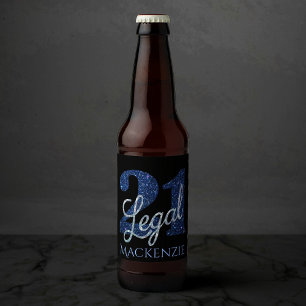 21 and Legal Blue Faux Glitter 21st Birthday Beer Bottle Label