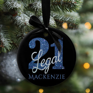 21 and Legal Blue Faux Glitter 21st Birthday Ceramic Ornament