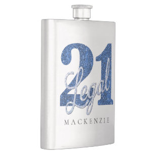 21 and Legal Blue Faux Glitter 21st Birthday Hip Flask