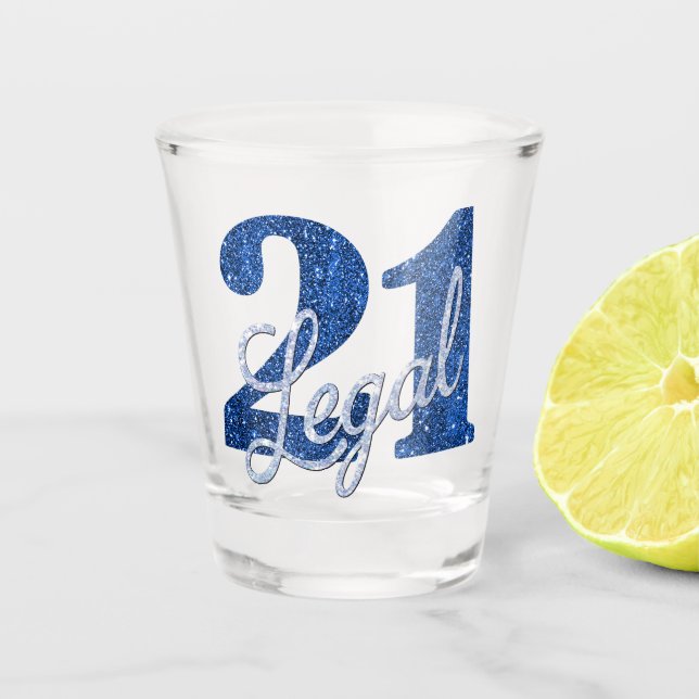 21 and Legal | Blue Faux Glitter 21st Birthday Shot Glass (Front)