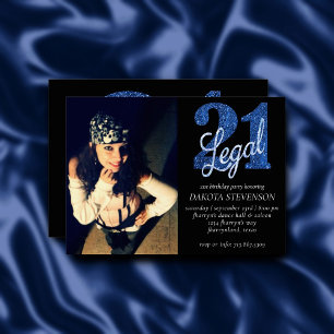 21 and Legal Blue Faux Glitter Photo Keepsake Invitation