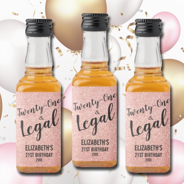 21 and Legal Blush Rose Glitter Custom Mini Liquor Bottle Label (Creator Uploaded)