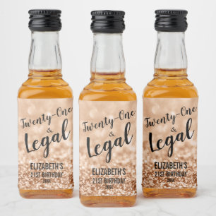 21 and Legal Blush Rose Gold Glitter Custom Mini Liquor Bottle Label