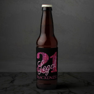 21 and Legal Fun Pink Faux Glitter 21st Birthday Beer Bottle Label