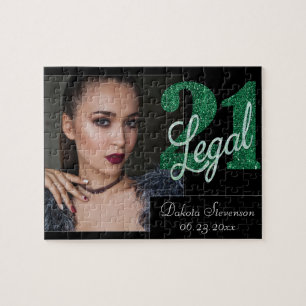 21 and Legal Green Faux Glitter 21st BDay Photo Jigsaw Puzzle