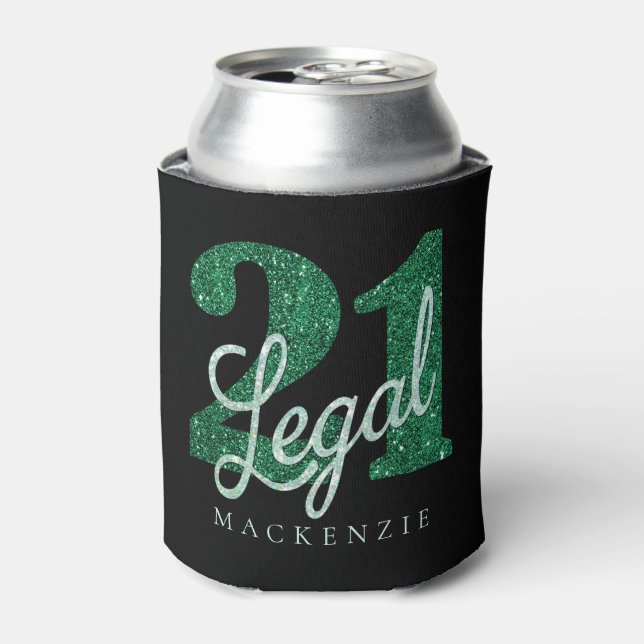 21 and Legal | Green Faux Glitter 21st Birthday Can Cooler (Can Front)