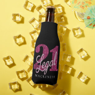 21 and Legal   Millennial Pink and Black 21st Bday Bottle Cooler