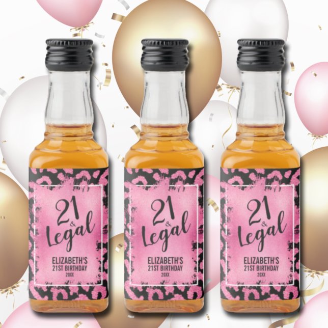 21 and Legal Pink Black Leopard Personalised Mini Liquor Bottle Label (Creator Uploaded)