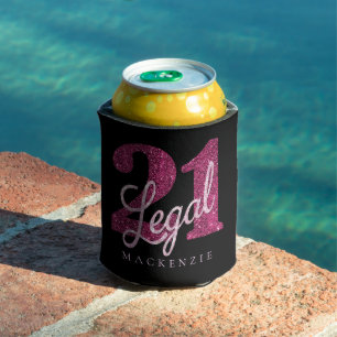 21 and Legal   Pink Glitter 21st Birthday Name Can Cooler