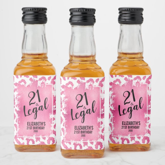 21 and Legal Pink White Leopard Personalised Mini Liquor Bottle Label (Bottles)