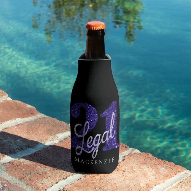 21 and Legal | Purple Faux Glitter 21st Birthday Bottle Cooler (In Situ Pool)