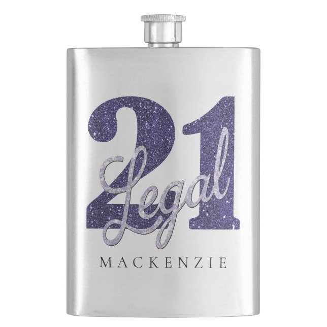 21 and Legal | Purple Faux Glitter 21st Birthday Hip Flask (Front)