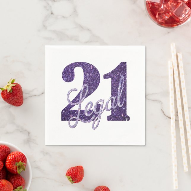 21 and Legal | Purple Faux Glitter 21st Birthday Napkin (Insitu)
