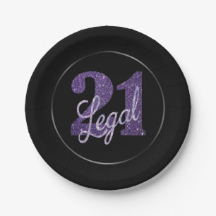21 and Legal   Purple Faux Glitter 21st Birthday Paper Plate
