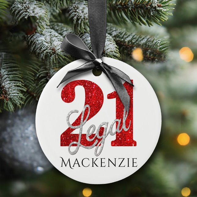 21 and Legal | Red Faux Glitter 21st Birthday Ceramic Ornament (Creator Uploaded)