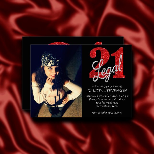21 and Legal | Red Faux Glitter Photo Keepsake Invitation (Creator Uploaded)