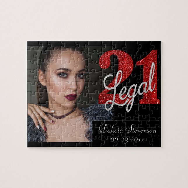 21 and Legal | Red Faux Glitter Photo Keepsake Jigsaw Puzzle (Horizontal)