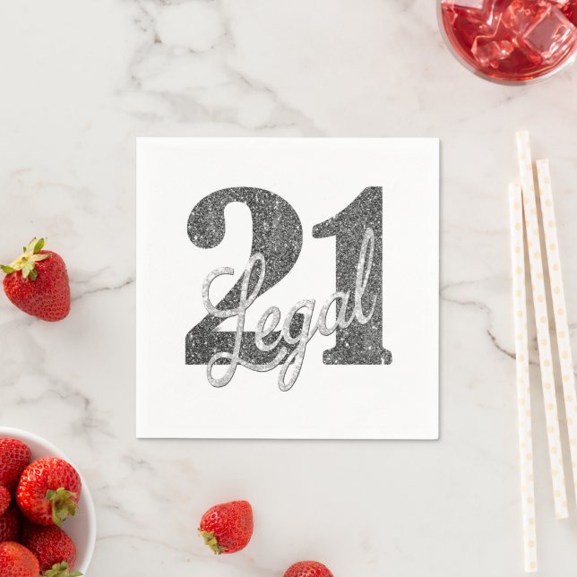 21 and Legal | Silver Faux Glitter 21st Birthday Napkin (Insitu)