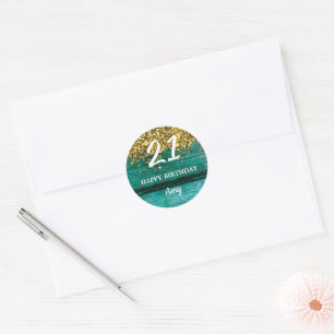 21 Birthday Girly Turquoise Gold Glitter Classic Round Sticker