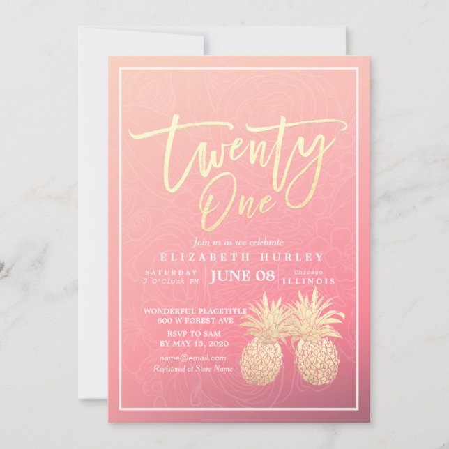 21 Birthday Party Chic Pink Gold Pineapple Couple Invitation (Front)