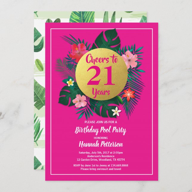 21 birthday party invitation tropical pink (Front/Back)