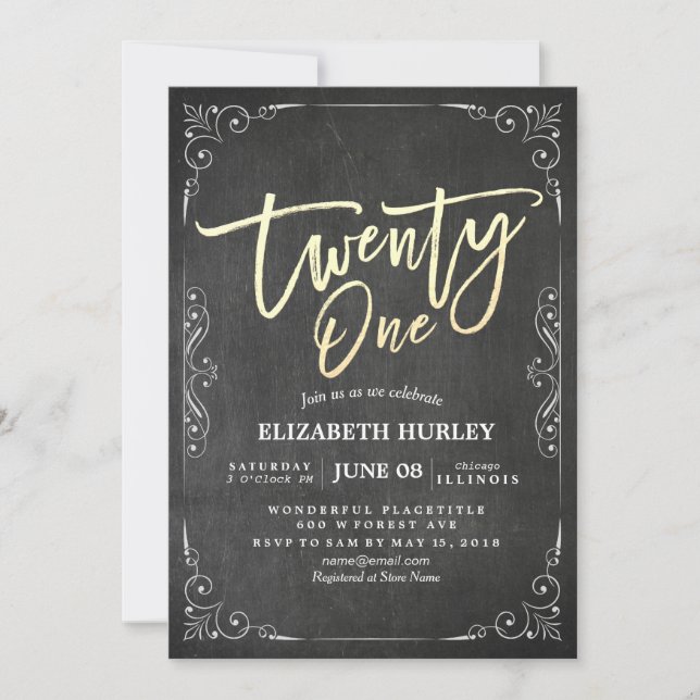 21 Birthday Party Modern Black White Floral Frame Invitation (Front)