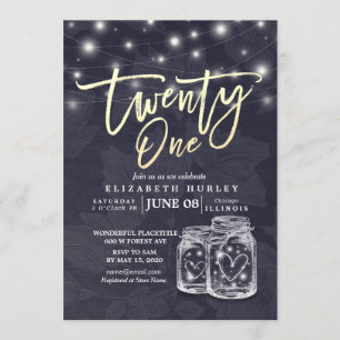 21 Birthday Party Modern Mason Jars String Lights Invitation