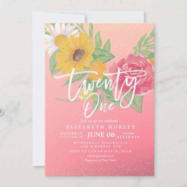 21 Birthday Party Modern Pink Flowers Gold Glitter Invitation (Front)