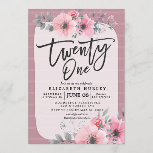 21 Birthday Party Vintage Pink Watercolor Flowers Invitation