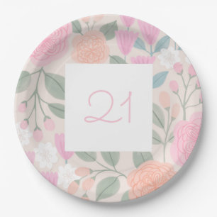 21 Birthday Pretty Floral Pink Peach Illustration  Paper Plate