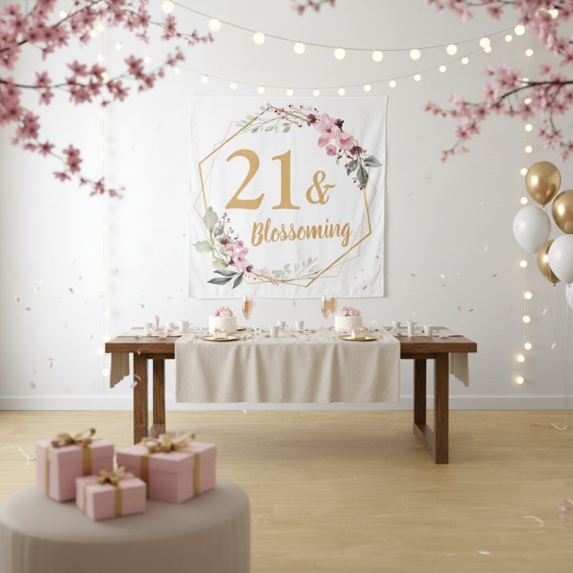 21 & Blossoming Cherry Blossom 21st Birthday Sign Tapestry (Stylish cherry blossom birthday wall decor.)